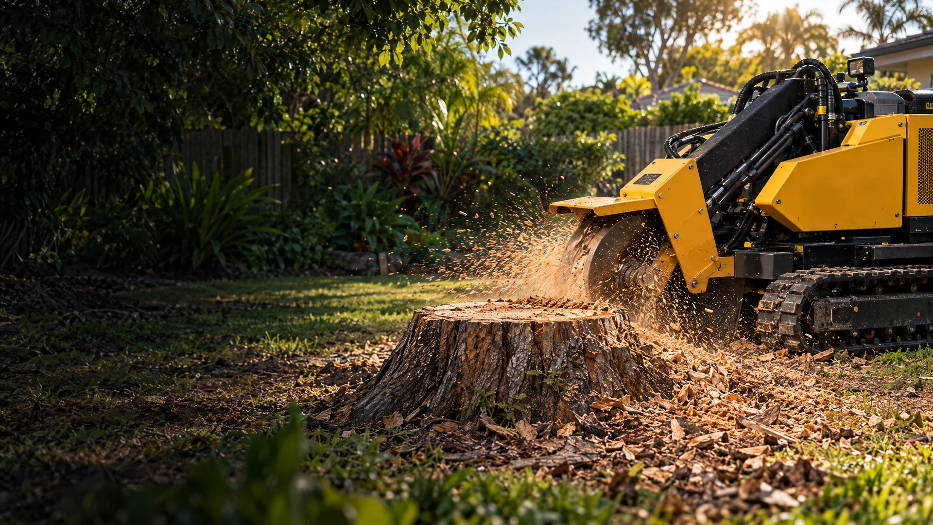 Professional stump grinder reducing a tree stump in a leafy Queensland backyard