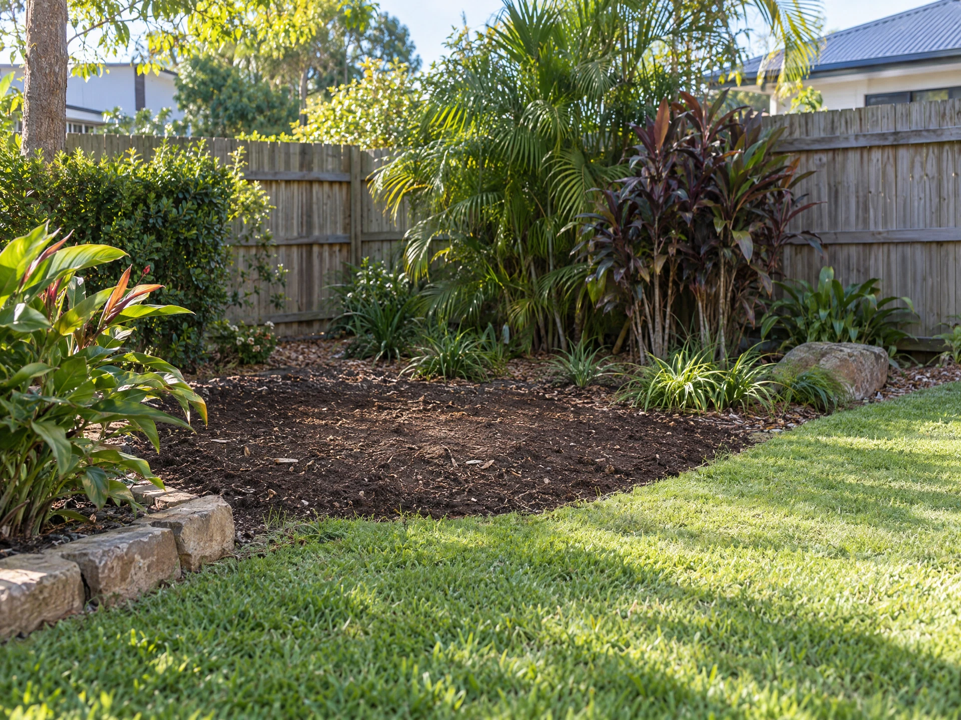 Tidy garden space after a stump has been ground, ready for the next landscaping step