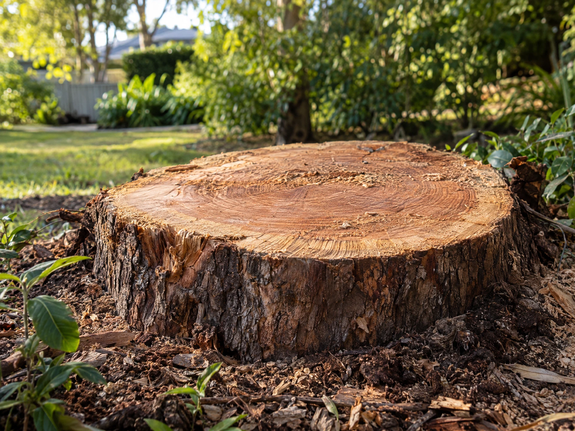 Tree stump at ground level with wood chips in a garden