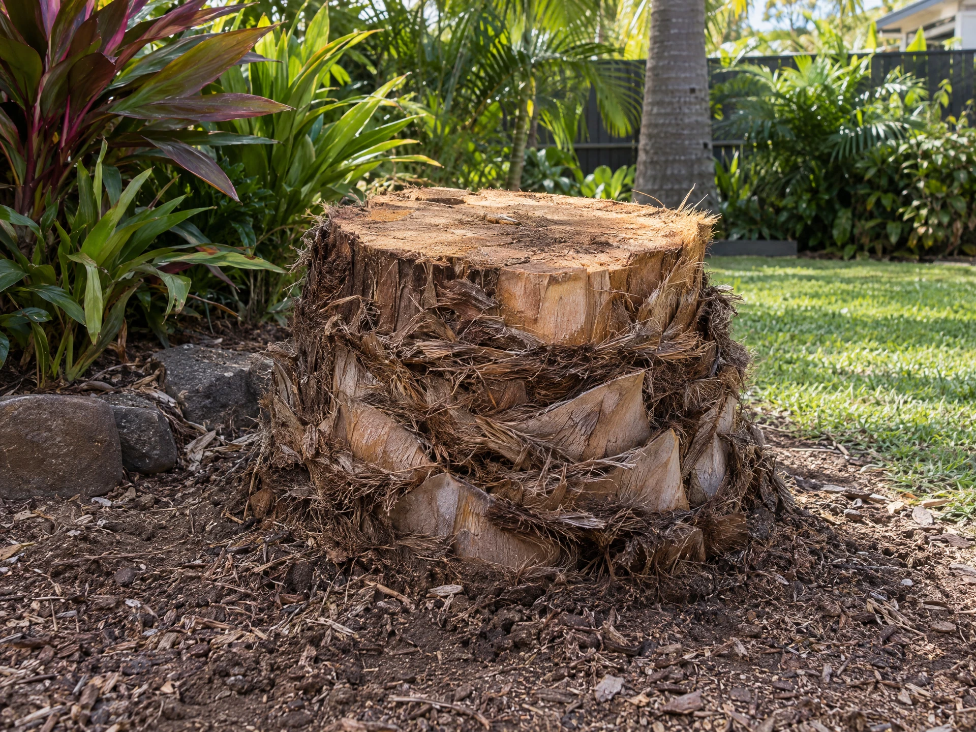 Palm stump and surrounding garden